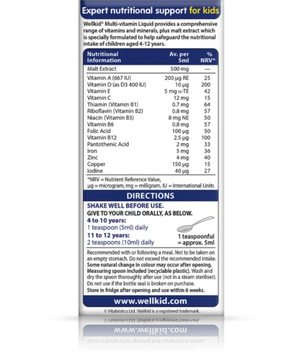 Wellkid bottle label showing nutritional information and dosage directions for children 4–12.