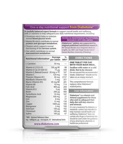Diabetone One-a-day vitamin box with a nutrition table, ingredients, and directions printed on the label across a white panel.