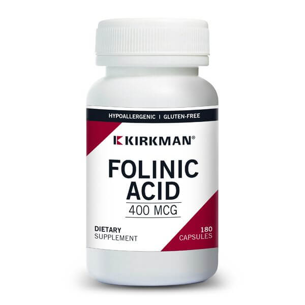 Kirkman Folinic Acid dietary supplement bottle, 400 mcg, 180 capsules, gluten-free and hypoallergenic label visible