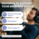 Man wearing headphones reclining, text highlights wellness goals: reduce stress, relaxation, sleep support (marketing image).