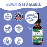 Infographic of Skullcap Extract benefits: non-GMO, vegan, gluten-free, no artificial preservatives, parve, alcohol-free; bottle on right.