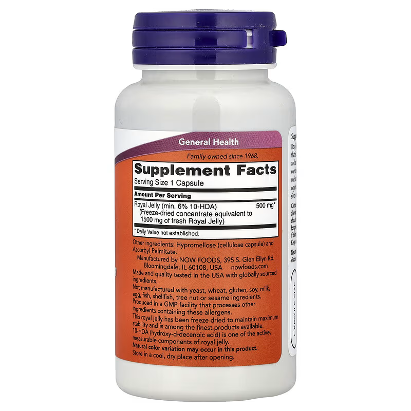royal jelly.facts White plastic dietary supplement bottle with a purple cap and an orange 'Supplement Facts' label on the front.