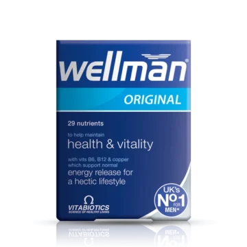 Wellman Original multivitamin box with 29 nutrients for health and vitality and a UK No.1 for men badge (packs branding shown).