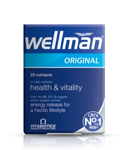 Wellman Original multivitamin box with 29 nutrients for health and vitality and a UK No.1 for men badge (packs branding shown).