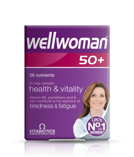 Vitabiotics Wellwoman 50+ is a tailored multivitamin formula featuring 26 key nutrients to help maintain overall health and vitality in women aged 50 and above. It includes Vitamin B6, pantothenic acid, and iron to help reduce tiredness and fatigue.